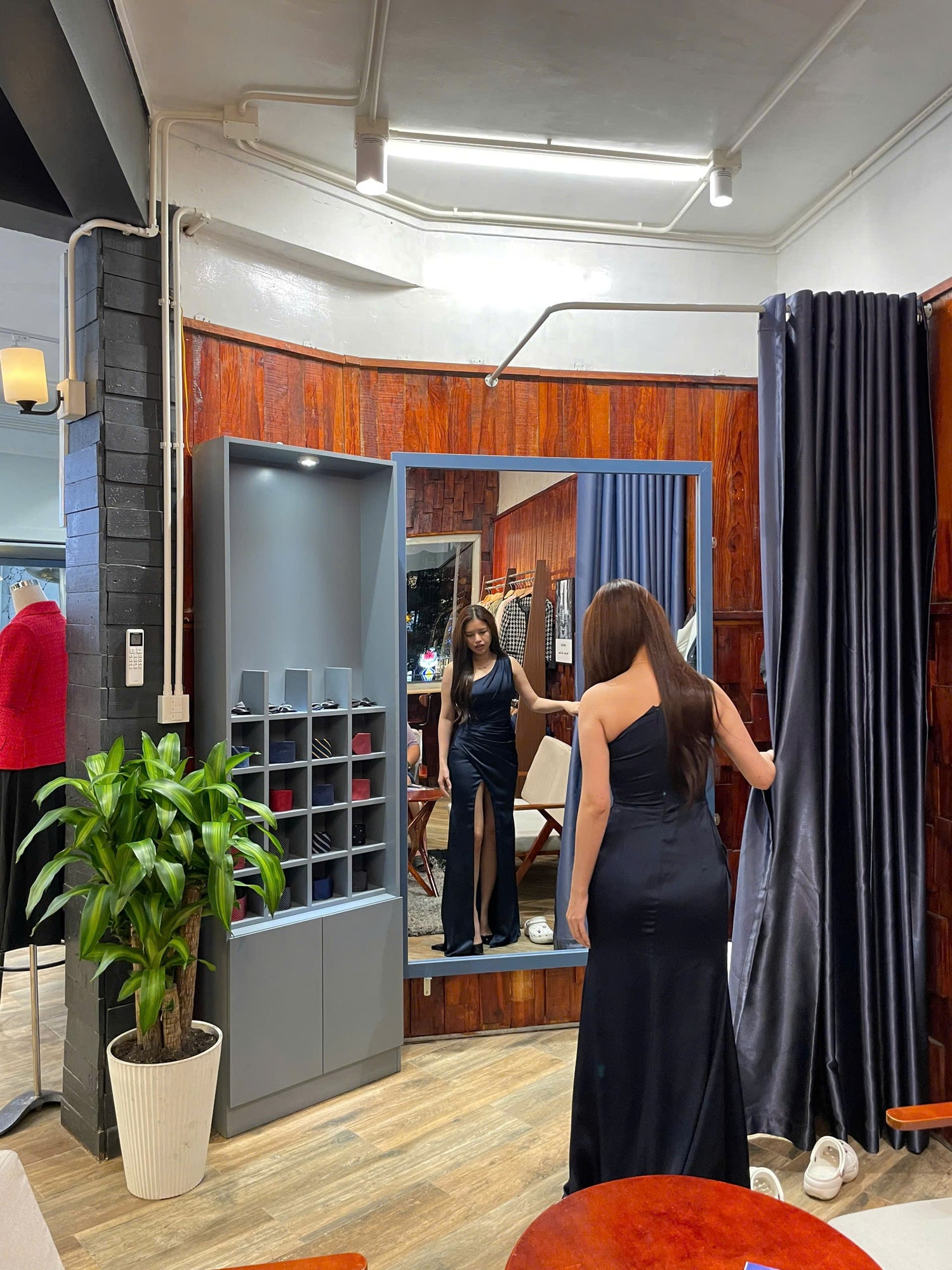 tailor dress tailor long dress trying sample at maydo saigon tailor shop